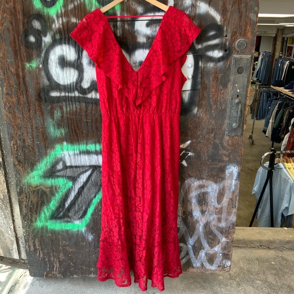 NWT Red Ruffle Lace Wrap Midi Asymmetrical Dress - OBO!! - Picture 6 of 10